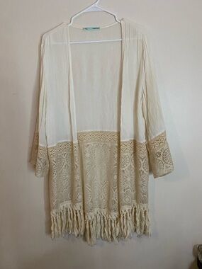 Cream lace Crochet Fringe Beachy kimono Cover-Up